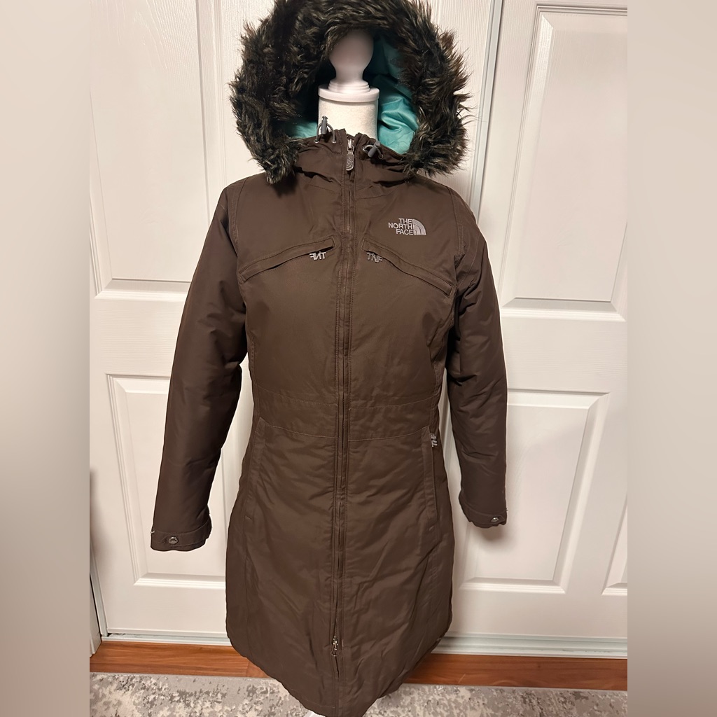 The North Face Women's *Goose Down Coat, Brown/Teal Lining, Mid -Thigh Length, S